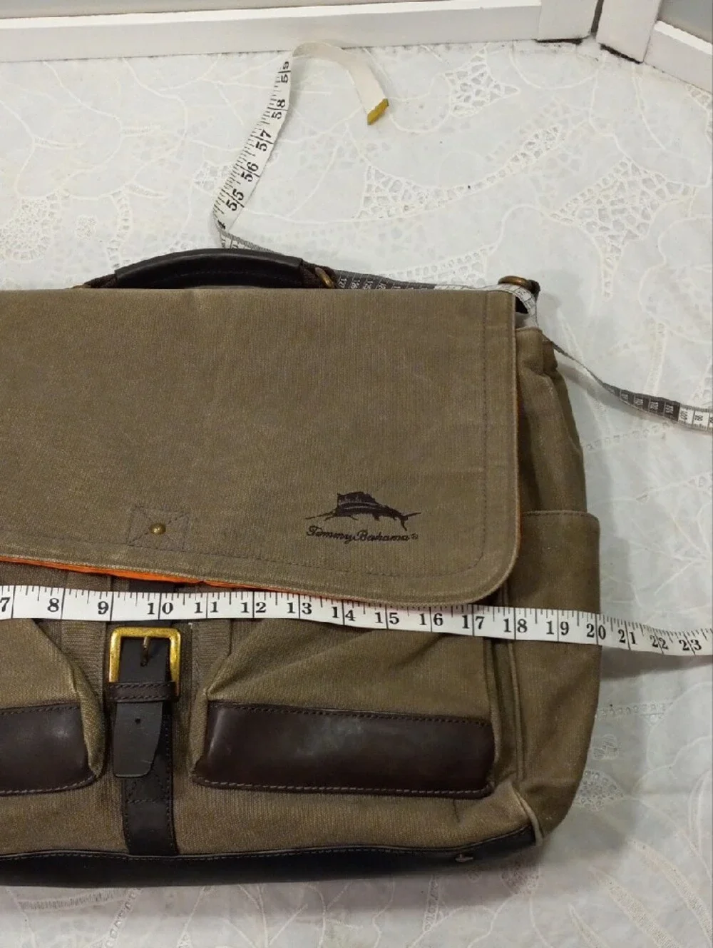 Tommy Bahama Olive Green Canvas Messenger Bag with Dark Brown Leather Trim